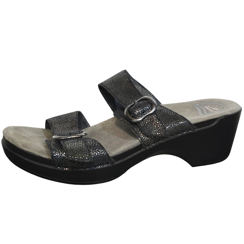 Dansko Womens 41 Black Metallic Textured Leather Adjustable Strap Wedge Sandals